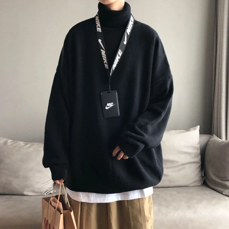 Men Oversized Turtleneck Sweaters 2024 Winter Korean Fashions Pullover Harajuku Black Knitwear