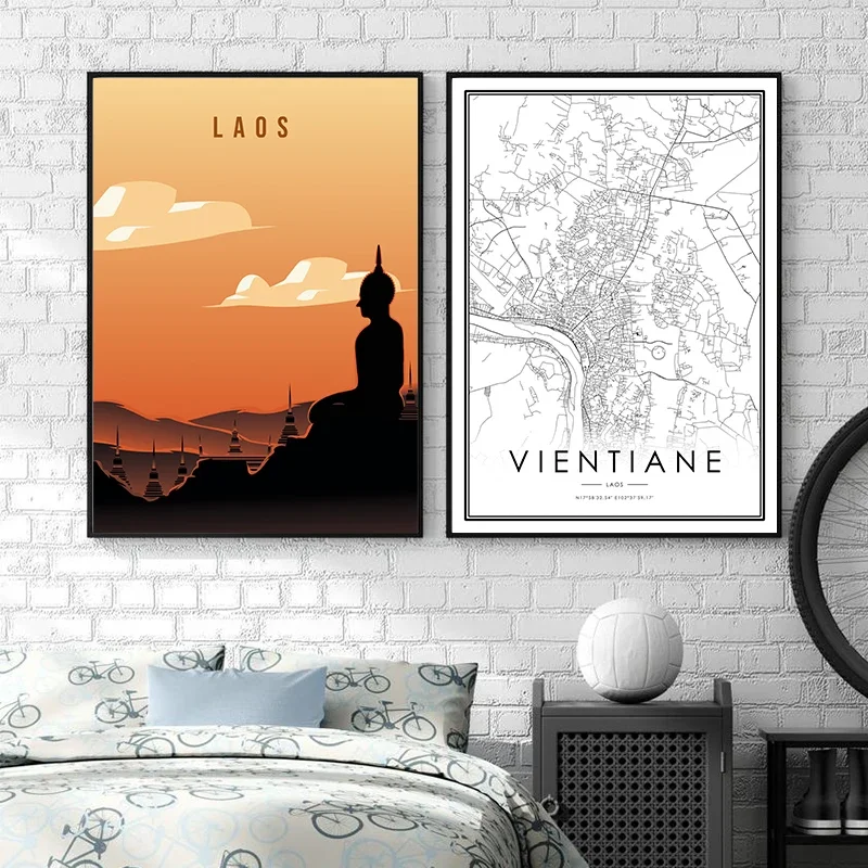 VIENTIANE City Map Poster  Laos Travel Illustration Art Print  Modern Minimalist Wall Decor  Canvas Painting for Home Office Liv