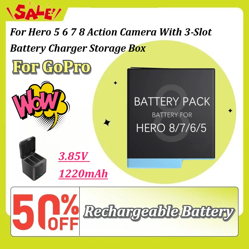 1220mAh Rechargeable Battery For GoPro Hero 5 6 7 8 Action Camera Replacement Battery With 3-Slot Battery Charger Storage Box