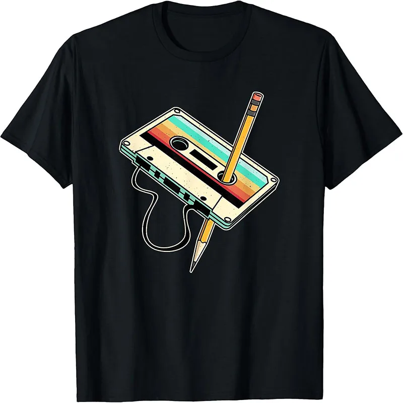 Retro Cassette Tape Pencil Rewind 80s Nostalgia Music Graphic T-Shirt