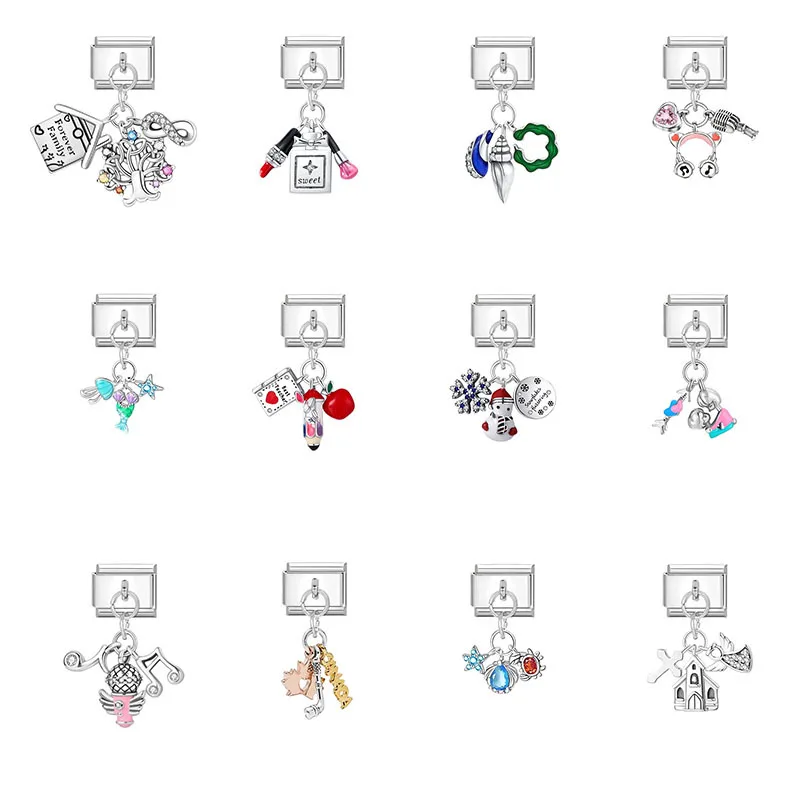 Cute Multicolor Enamel Italian Modular Charms Ocean Mermaid Cosmetic Makeup Musical Note Dangle Pendants Women Handmade Stacking