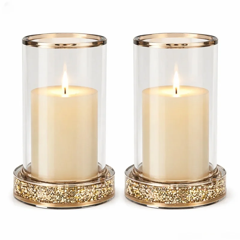 1/2 Stück Glitzer Gold Silber Zylinder-Kerzenhalter Klarglas Hurricane-Kerzenständer mit Funkelnder Basis für Hochzeitstisch-Dekoration