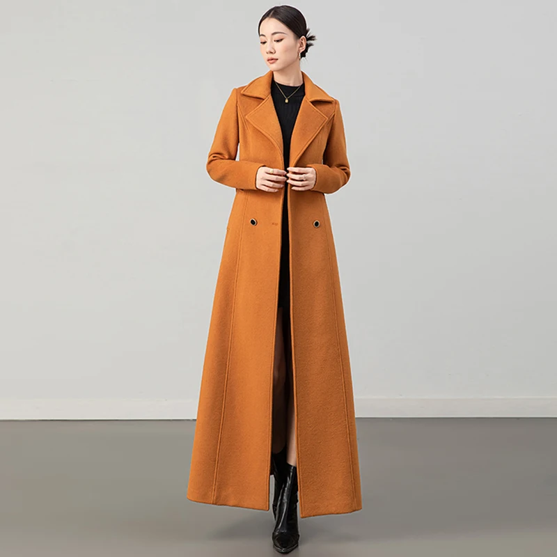 New Women Autumn Winter Woolen Overcoat Simplicity Fashion Suit Collar Double Breasted Slim Wool Blended Coat Elegant Long Coat