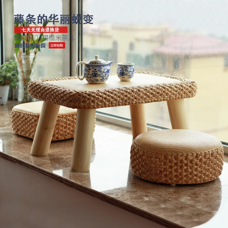 The product can be customized.Rattan woven solid wood bay window, small coffee table, Japanese window sill, small table