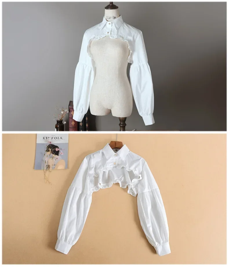 女性用パフロングスリーブTシャツ,ショートトップ,ブラウス,フリルボタン,取り外し可能,カバーカラー,セーター,装飾アクセサリー