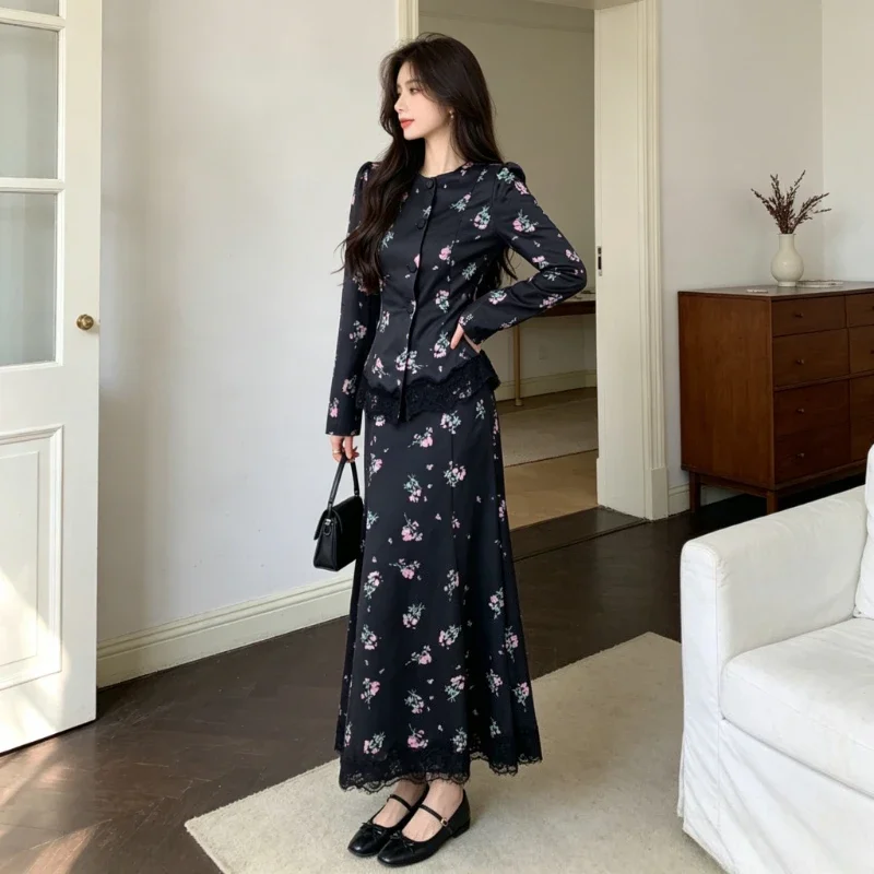 Women Muslim Two Piece Sets Skirt Set A Line Y2k Floral Print Work Summer Round Neck Full Sleeve Tops Lace Splice Long Skirts