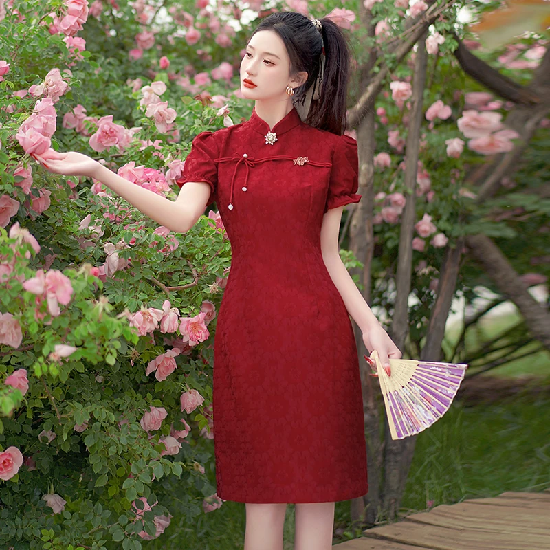 Red Chinese Traditional Style Retro Cheongsam Summer 2024 Short Sleeve Modern Qipao Dress New Year CNY