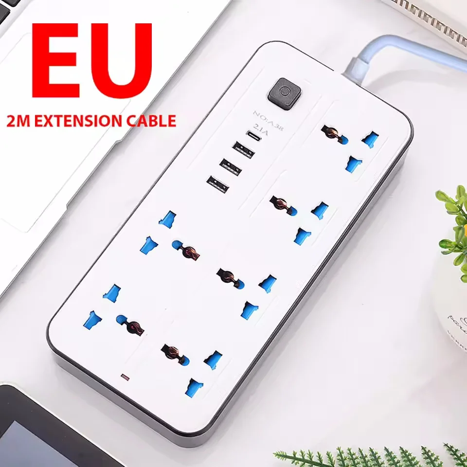 Universele stekkerdoos met Type-C USB-poort, 2m verlengsnoer, AC-stroomaansluiting, oplaadpoort, EU/VS/VK stekker