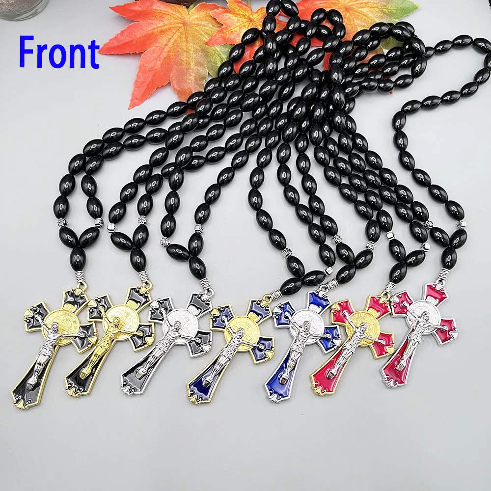 GS195 Car Rearview Mirror Pendant Exquisite Alloy Christ Jesus Transparent Drip Oil Cross Black Acrylic Bead Rosary Decoration