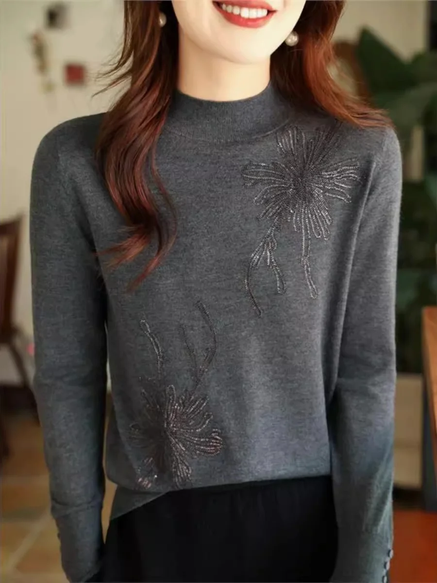 Skin-friendly Semi-high Collar Knitwear Women's Loose Velvet Long Sve Spring Autumn Base Layer irt Thin Model