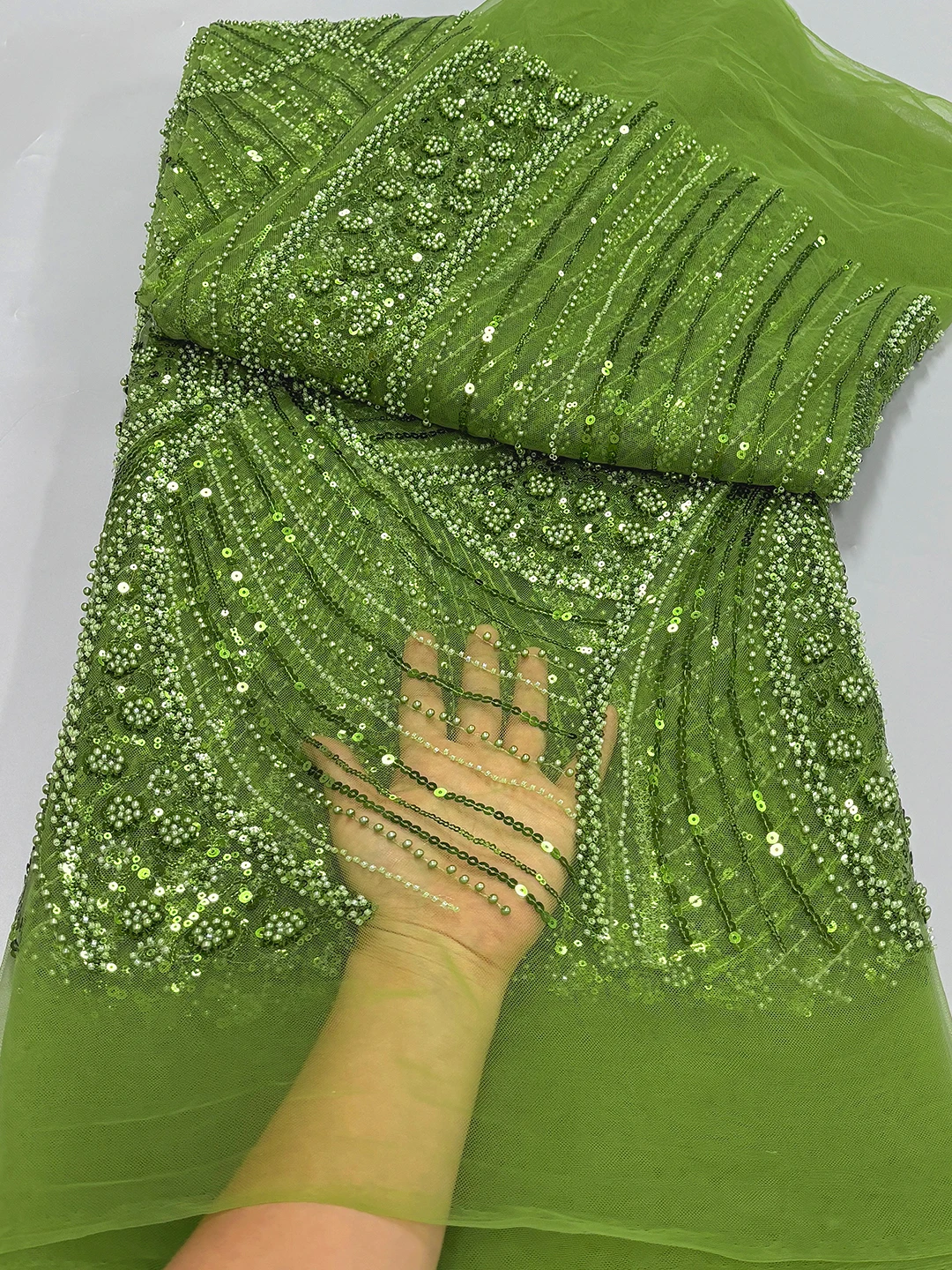 

Luxury African Heavy Beaded 2024 High Quality Nigerian Sequins With Pearl Lace French Tulle Fabric For Wedding Party Dress Sew