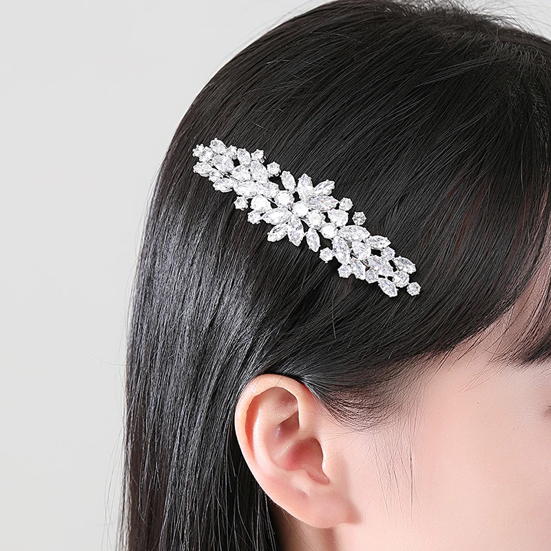 LUOTEEMI Chic Cubic Zirconia Shinning Hair Jewelry Silver Color Temperament Retro Elegant Accessories for Bride Dress Decoration