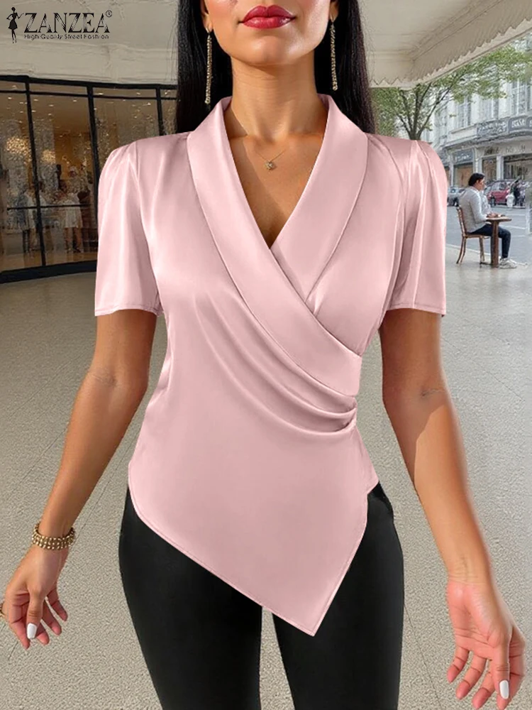 ZANZEA 2025 elegante blusa de satén para mujer, Tops tipo túnica de verano, moda Puff, manga corta, cuello en V, camisa asimétrica, Blusas sólidas de oficina