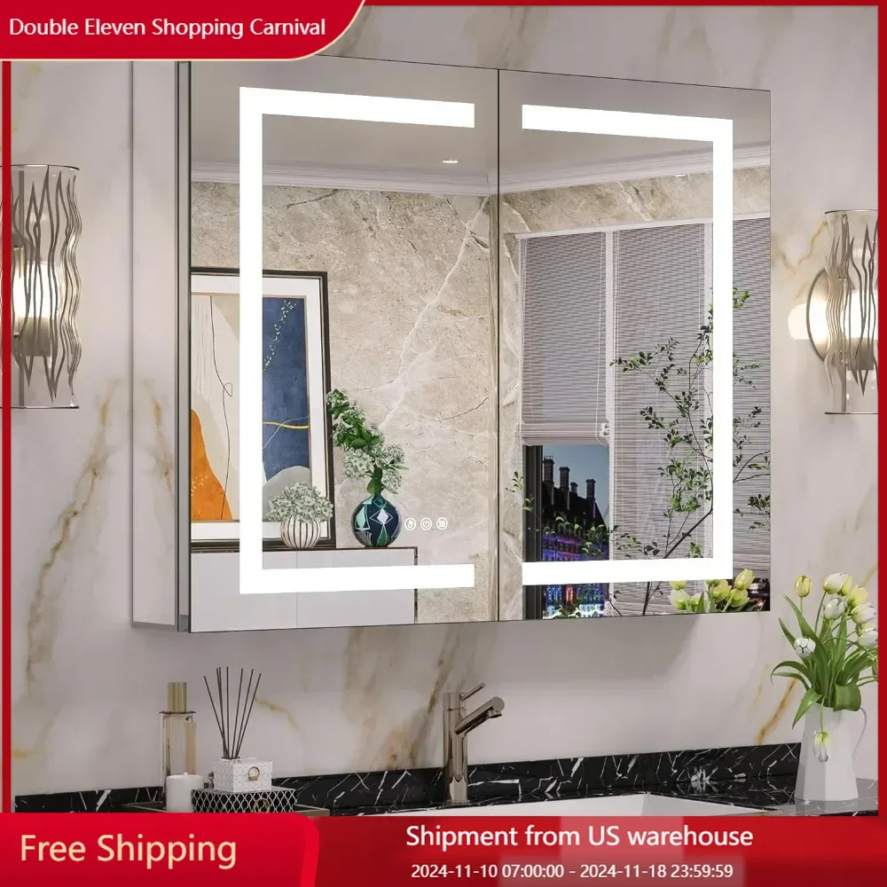 Modern Style Bathroom Cabinet, With Front and Rear LED Makeup Mirrors, Dimmable 3-color light anti fog, Bathroom Cabinet