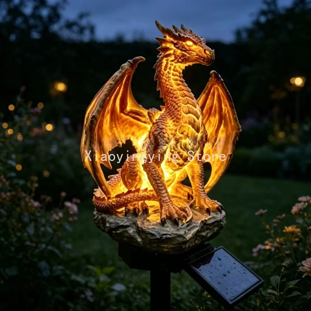 Golden Dragon Solar Powered Garden Light, Hand-painted Resin Statue, Auto On/Off Outdoor Lawn Pathway Decoration Lamp