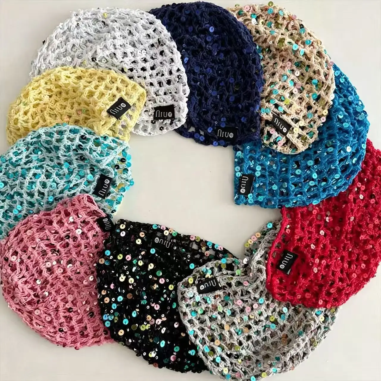 Cute and Colorful Crocheted Bow Hat Sequined Knit Mesh Headband  Y2K-Style Headwear for Music Festivals and Street Style