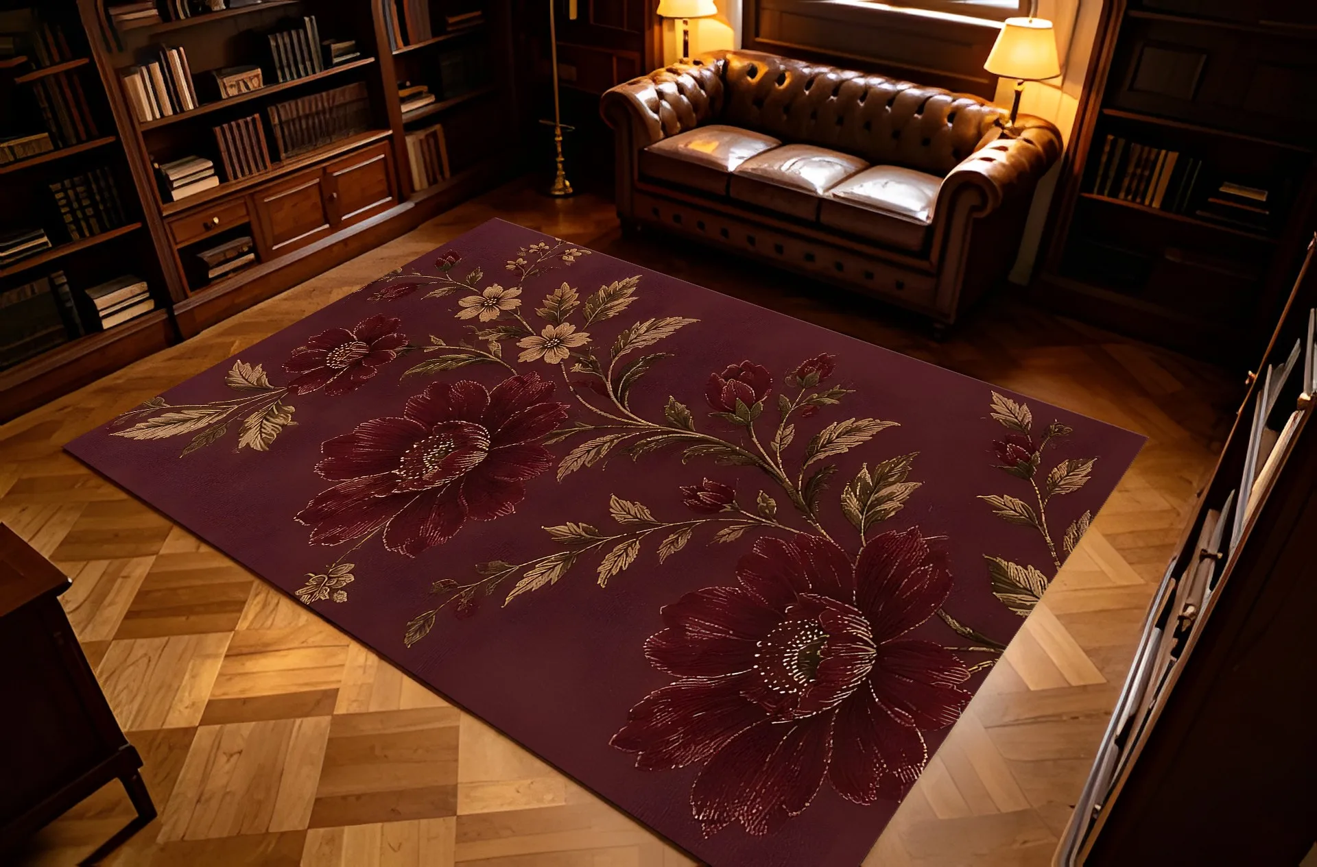 Wine-Red and Gold-Painted Floral French Vintage Style, Suitable for New Year's Housewarming, Bedroom, Bedside, and Living Room Velvet Rug Creates an Elegant, Retro, and High-End Soft Furnishing Atmosphere.