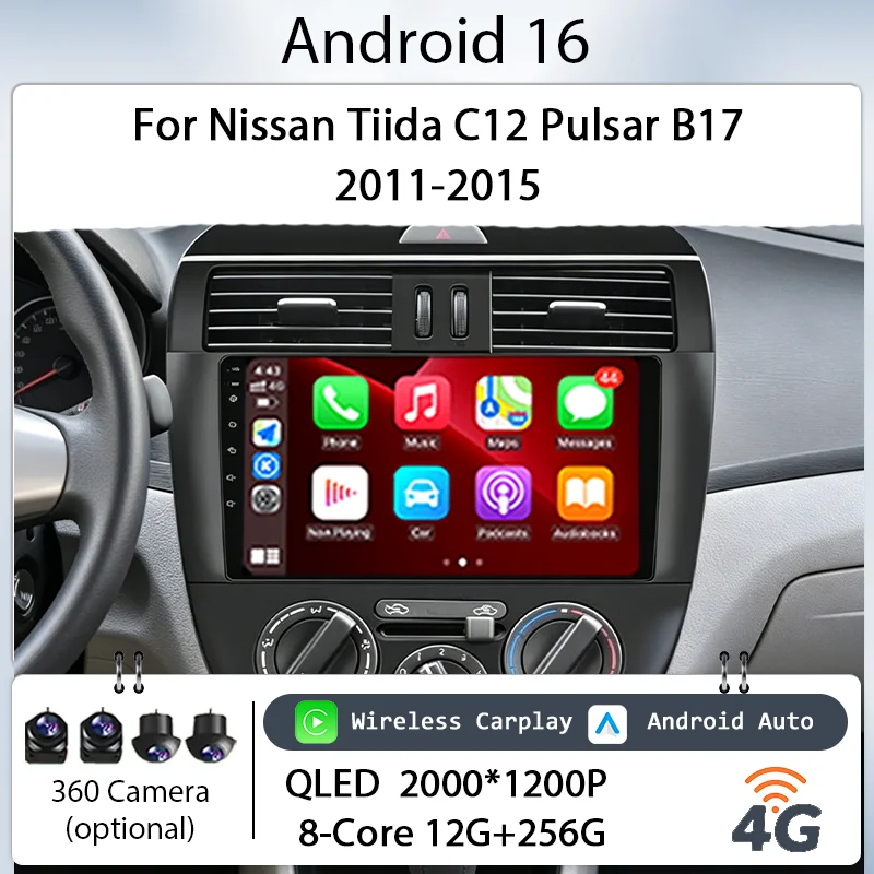 

9-дюймовый Android 16 для Nissan Tiida C12 Pulsar B17 2011-2015, автомобильная магнитола с беспроводным CarPlay, GPS, BT, WiFi, DSP, IPS HD, сенсорный экран, мультимедийный плеер