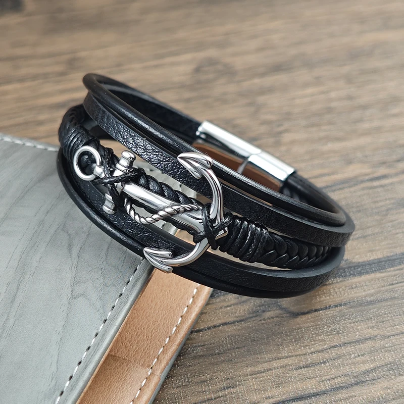 Punk-Pfeil-Verwicklung Design Herrenschmuck Leder Geflochtene Armbänder Edelstahl Schwarze Armbänder Mode Herren Armreif