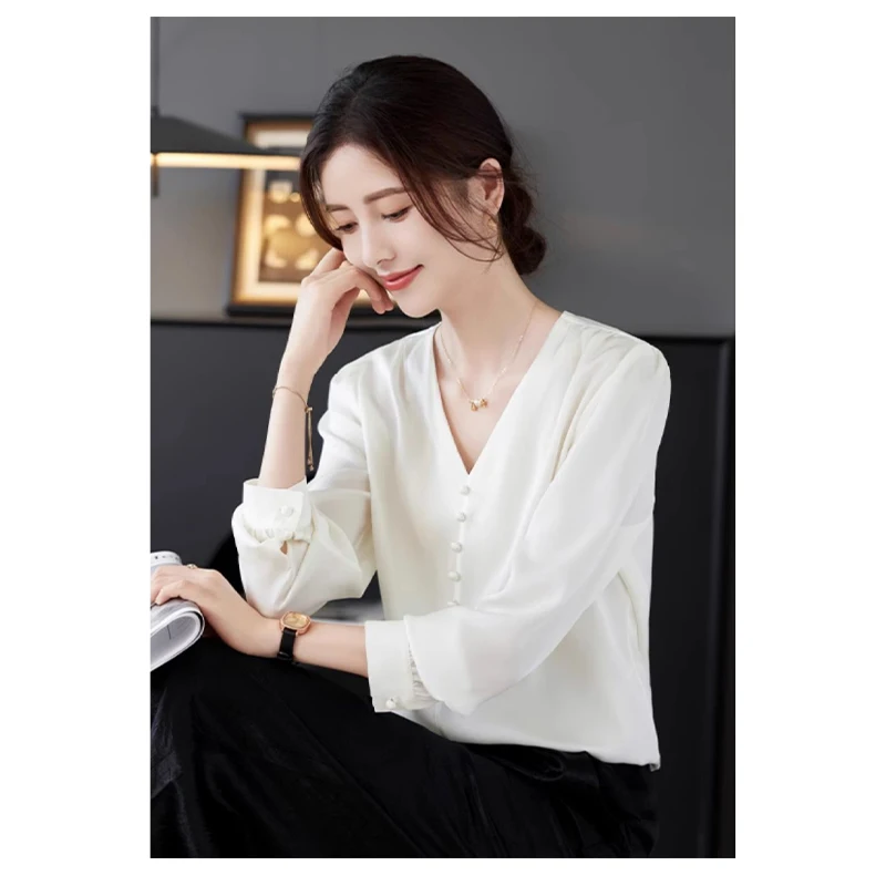 

Luxury 100% Silk Women's Long-sleeved Shirt Silk V-neck Top Elegant Temperament High-end Women's Comfortable Cool Breathable