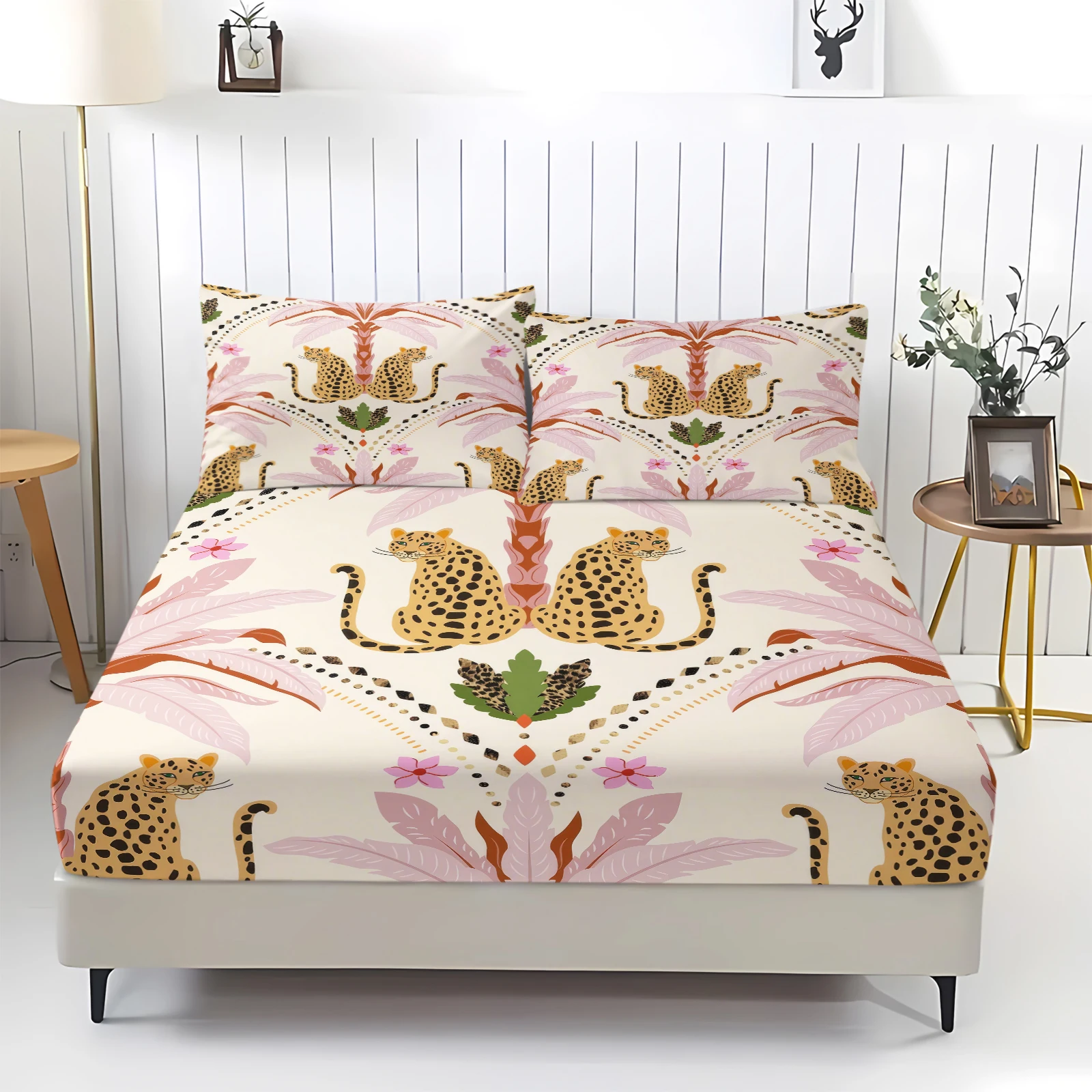 Tropical Leopard Pink Palm Leaf Printed Fitted Sheet Set Elastic Deep‑Pocket Mattress Cover Polyester Bed Sheet Bohemian Jungle