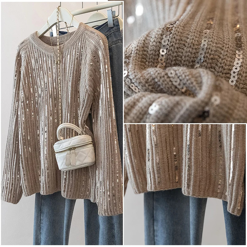 

Блестящий вязаный свитер большого размера, женский осенне-зимний свободный ленивый круглый топ Ne Long Sve, удобная одежда больших размеров