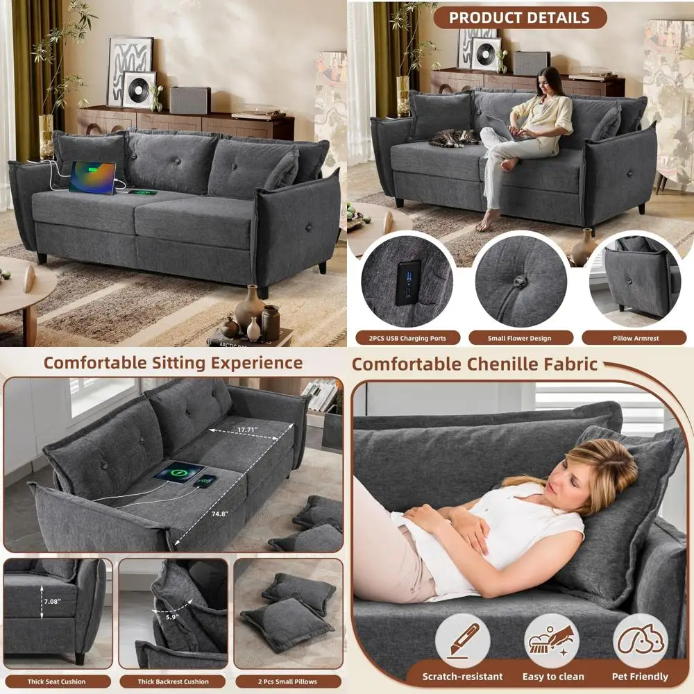 Graues 85 Deep Seat 3-Personen-Sofa mit USB-Anschlüssen, getufteter Komfort für kleine Wohnzimmer, Cloud Soft Love Seat Couch