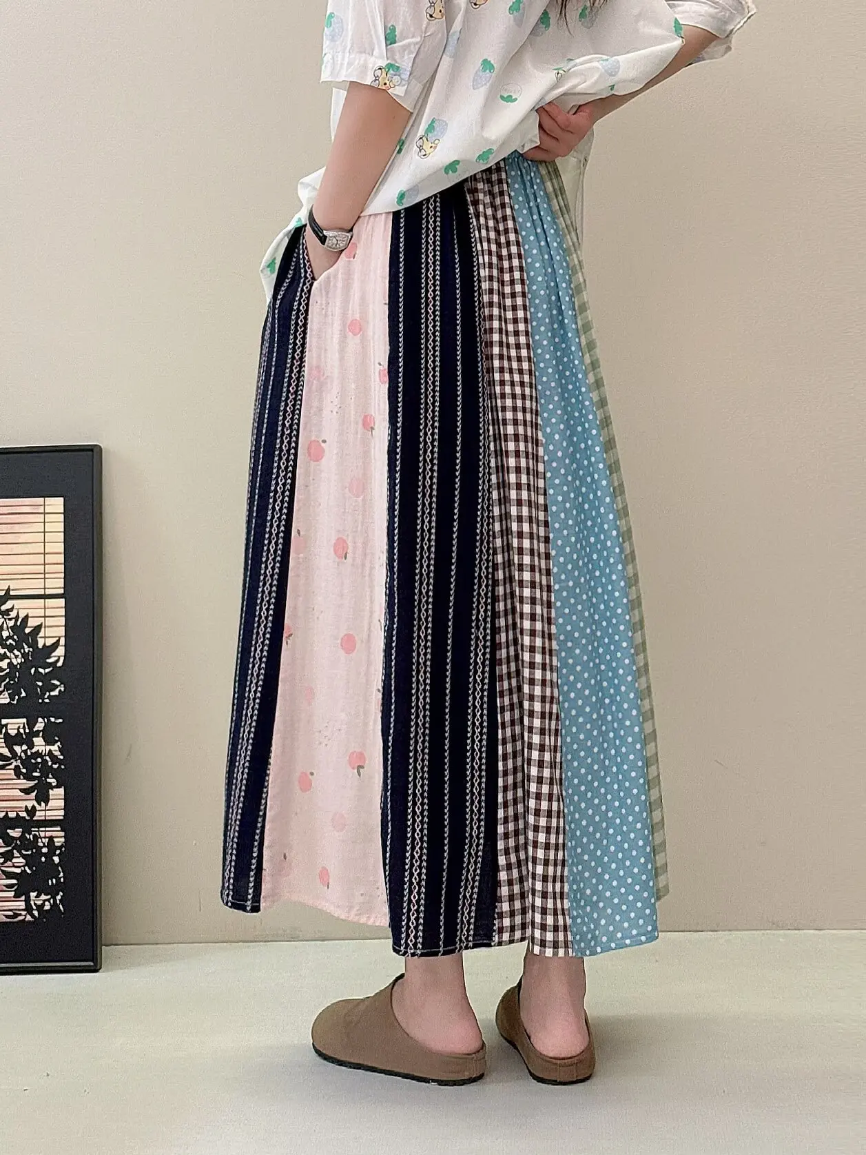 Japanese Sweet Mori Girl Vintage Floral Print Plaid Patchwork Cotton Skirts Women Summer Elastic Waist Casual Loose A-Line Skirt