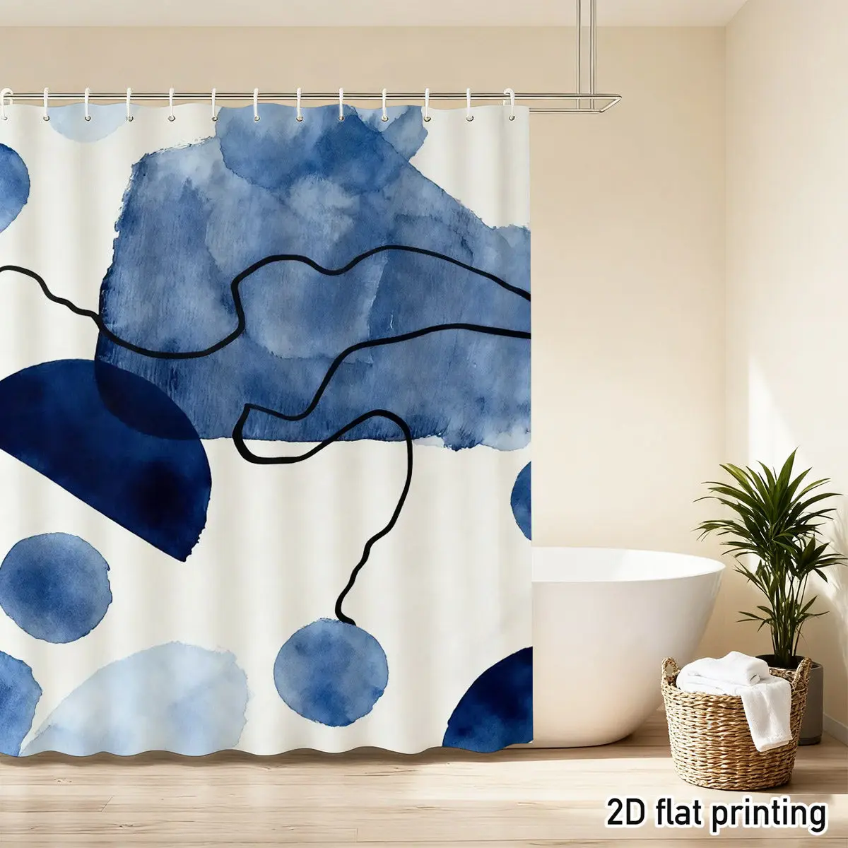 Abstract Blue Watercolor Shower Curtain –Organic Navy Shapes & Black Lines, 2D Flat Print, Polyester, 12 Hooks, Machine Washable