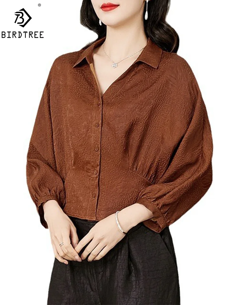 BirdTree, Watered Gauze Silk Elegant Shirt, Women Batwing Sleeve Polo Neck, Commute OL Fashion Blouses, Summer Autumn T47584QM