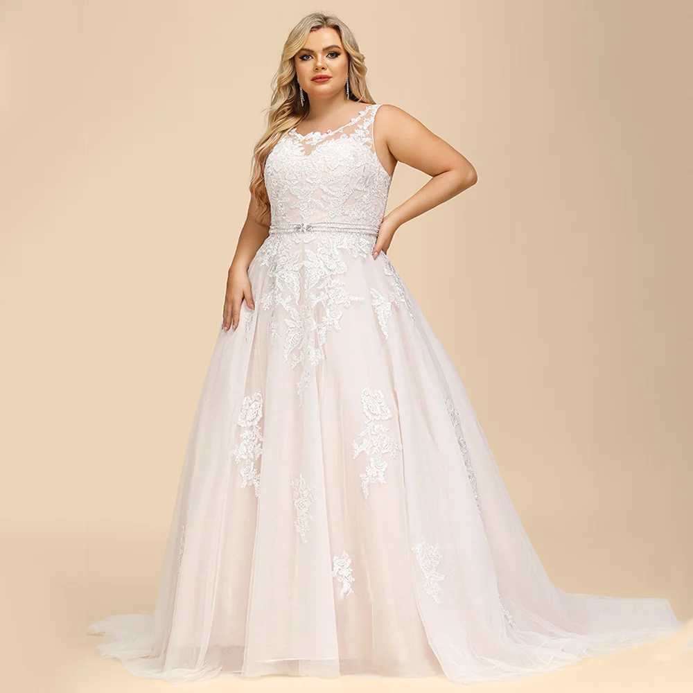 Sem mangas Um Vestido De Noiva Linha, Cinto De Beading, Botões Zipper Traseiro, Vestido De Noiva Applique, Ilusão De Volta, Plus Size, Nova Chegada