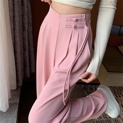 Bottoni a vita alta tuta pantaloni larghi da donna a gamba larga 2024 nuova primavera estate femminile elegante minimalismo pantaloni larghi dritti