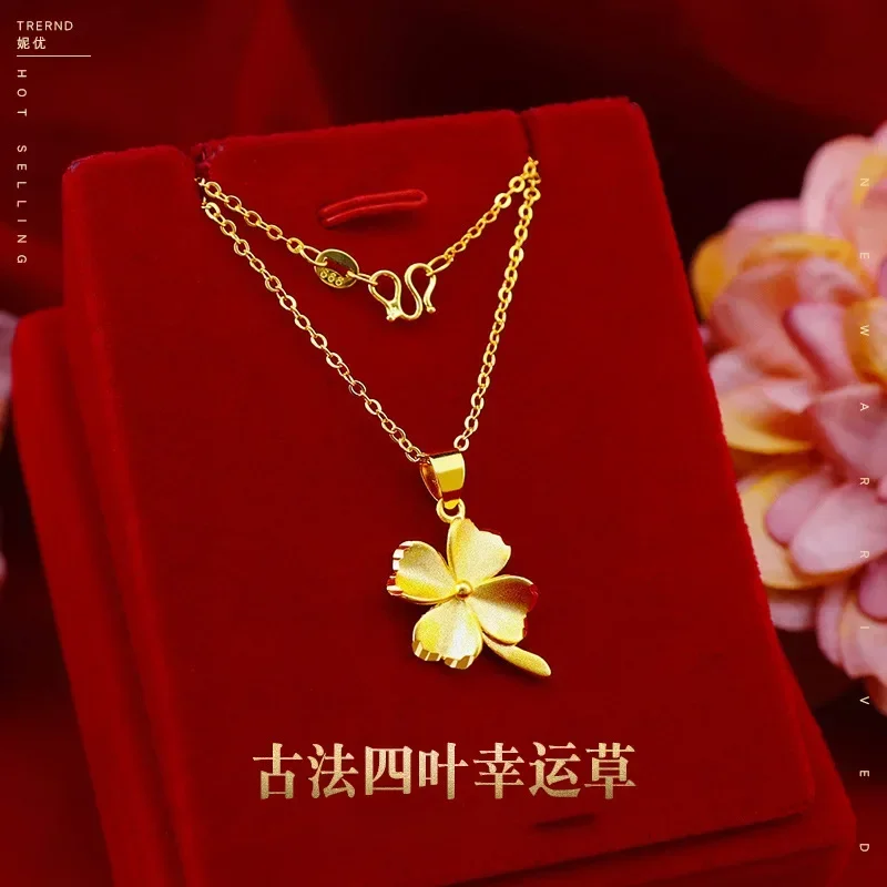 9999 Real Gold 24K Women's Four Leaf Clover Necklace Ancient Four Leaf Lucky Clover Pendant