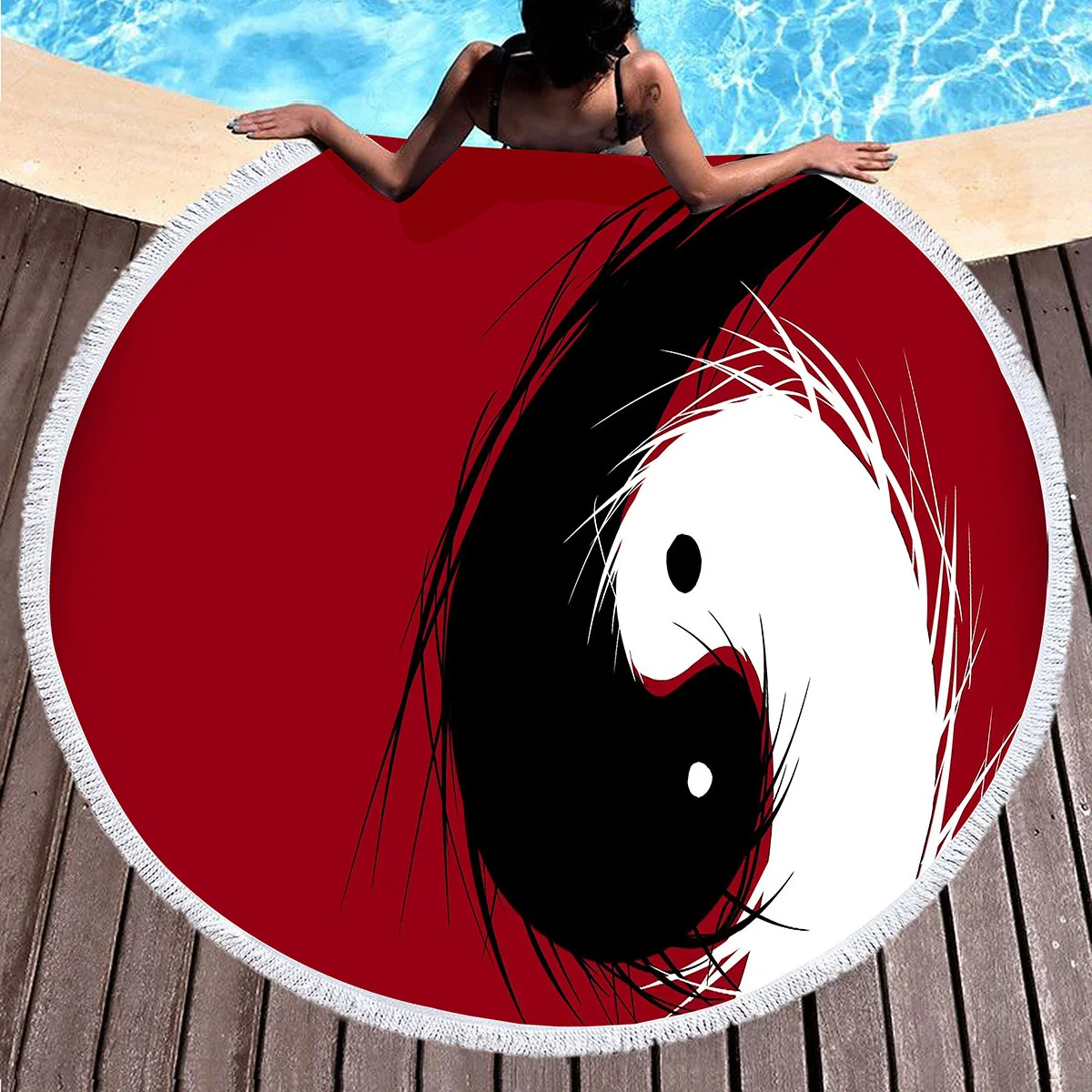 Round Beach Blanket,Chinese Tai Chi Yin Yang Printing Sand Resistant Beach Towel,Absorbent Quick Dry Pool Towel Soft Picnic Mat