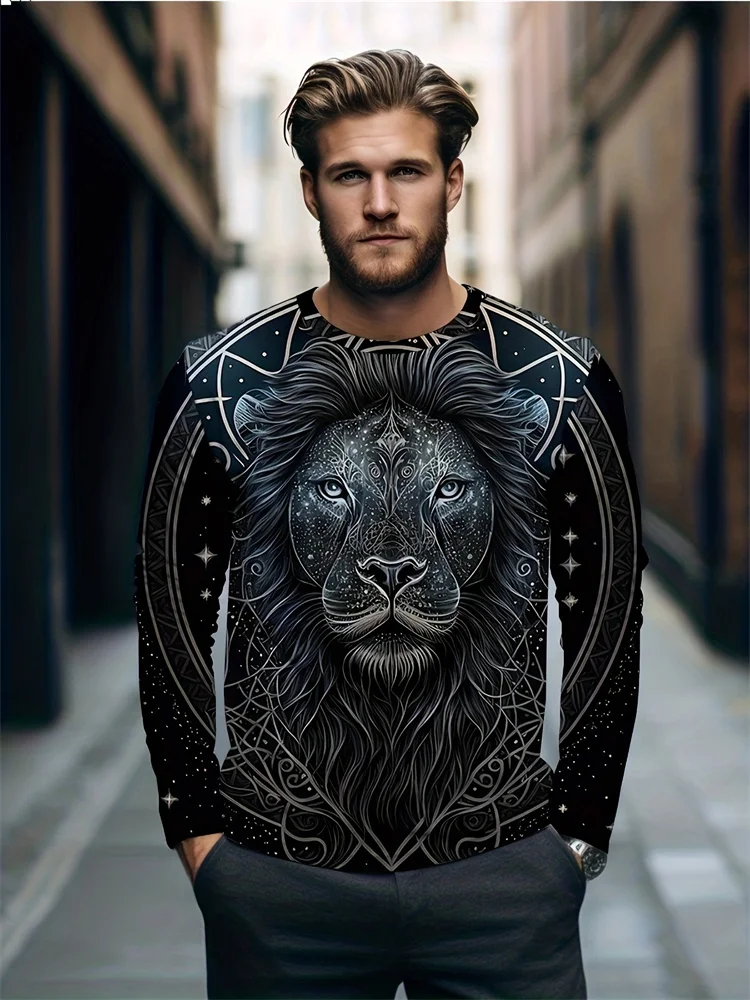 Men's Aztec Warrior Long Sleeve T-Shirt Totem Mask Graphic Tee Tribal Streetwear Casual Pullover Tops Gift New Fashion Hot view 5