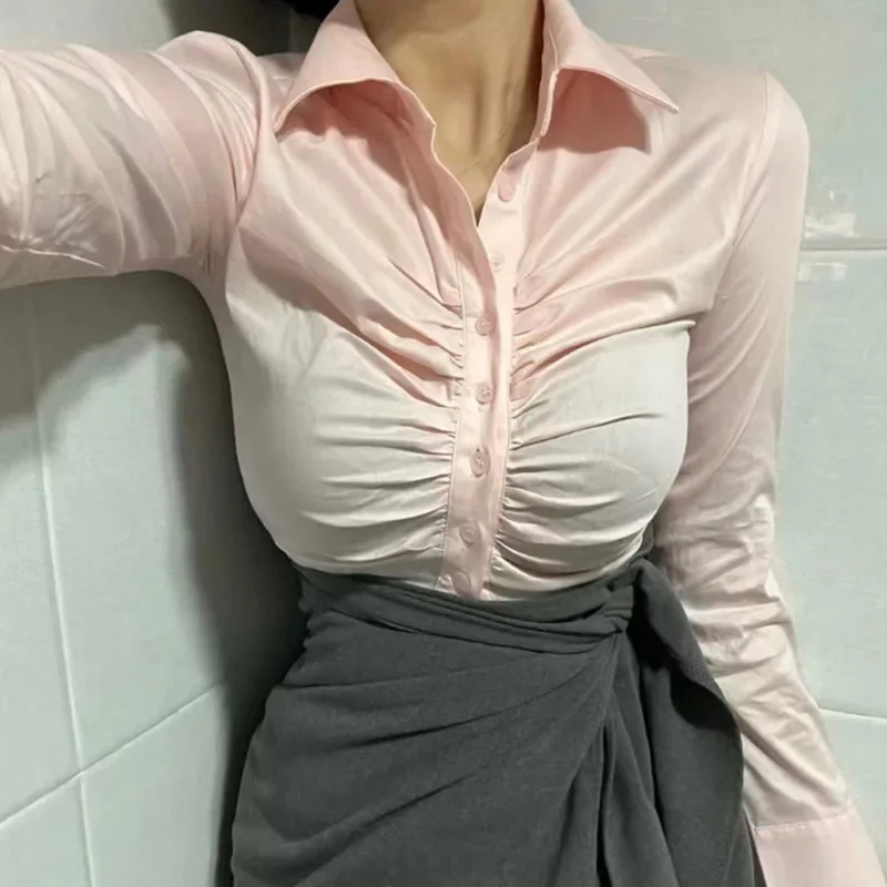 Women's Slim Sexy Long Sleeve Shirt Pure Cotton White Blue Pink Pleated Open Waist Casual Top