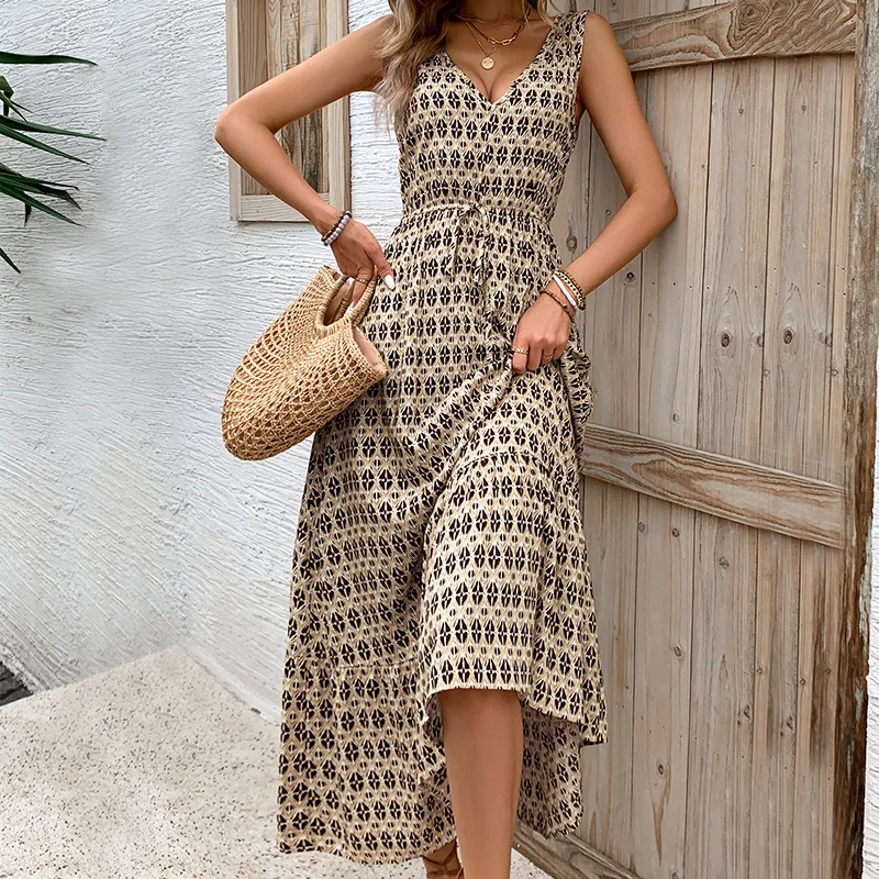 

Women V Neck Diamond Printed Long Skirt Summer Casual High Waist Lace Long Skirt Sleeveless Loose Holiday Commuter Dress