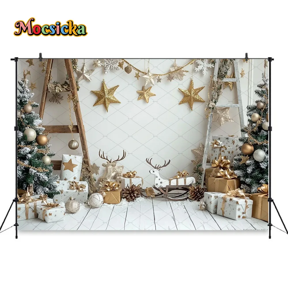 Mocsicka الأبيض هدية عيد الميلاد غرفة التصوير خلفية لامعة الذهب نجوم ديكور شجرة عيد الميلاد خلفية الشتاء الاطفال استوديو الصور