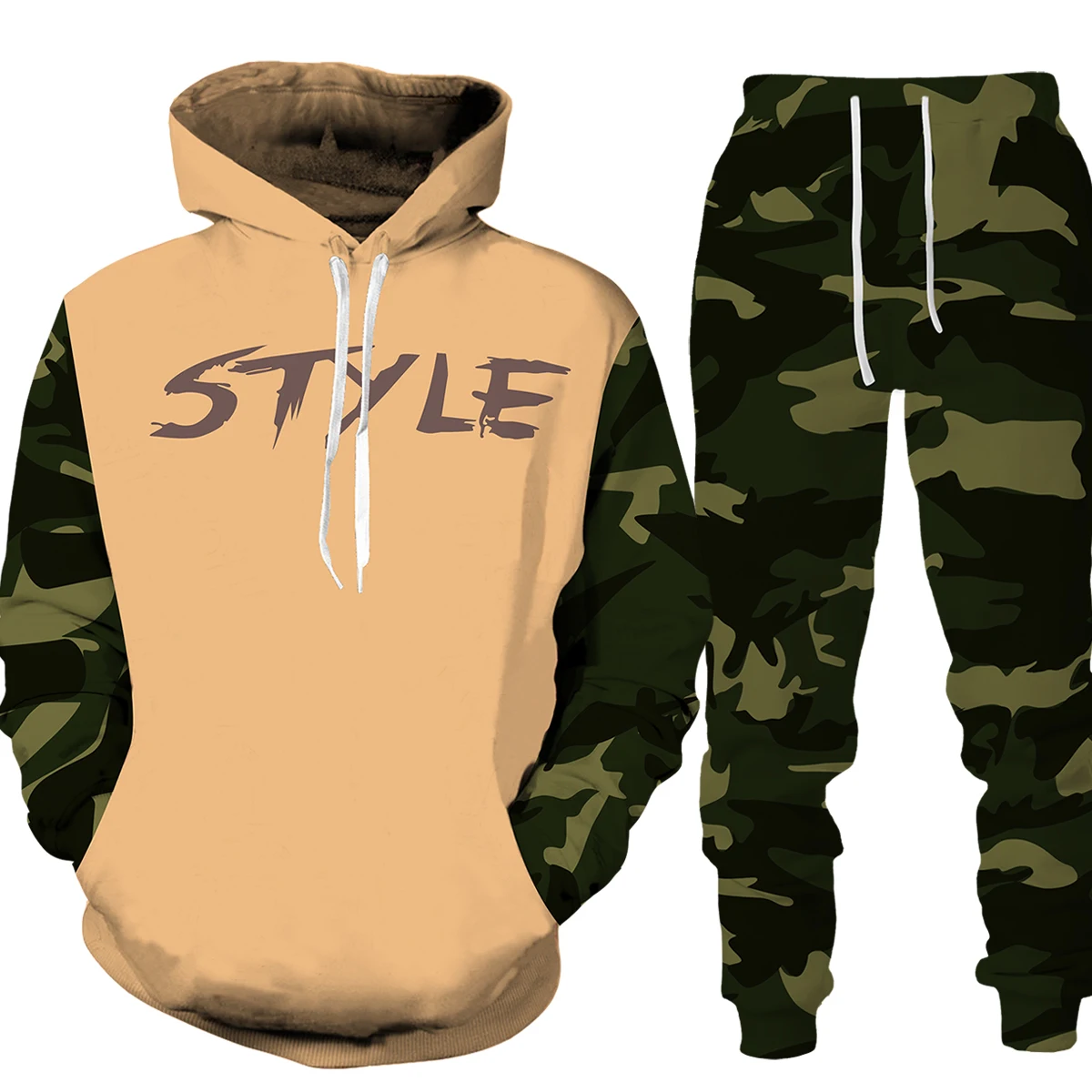 Outono treino conjunto de duas peças dos homens caça pesca com capuz retro jogging terno grande porte streetwear camuflagem 3d cor roupas