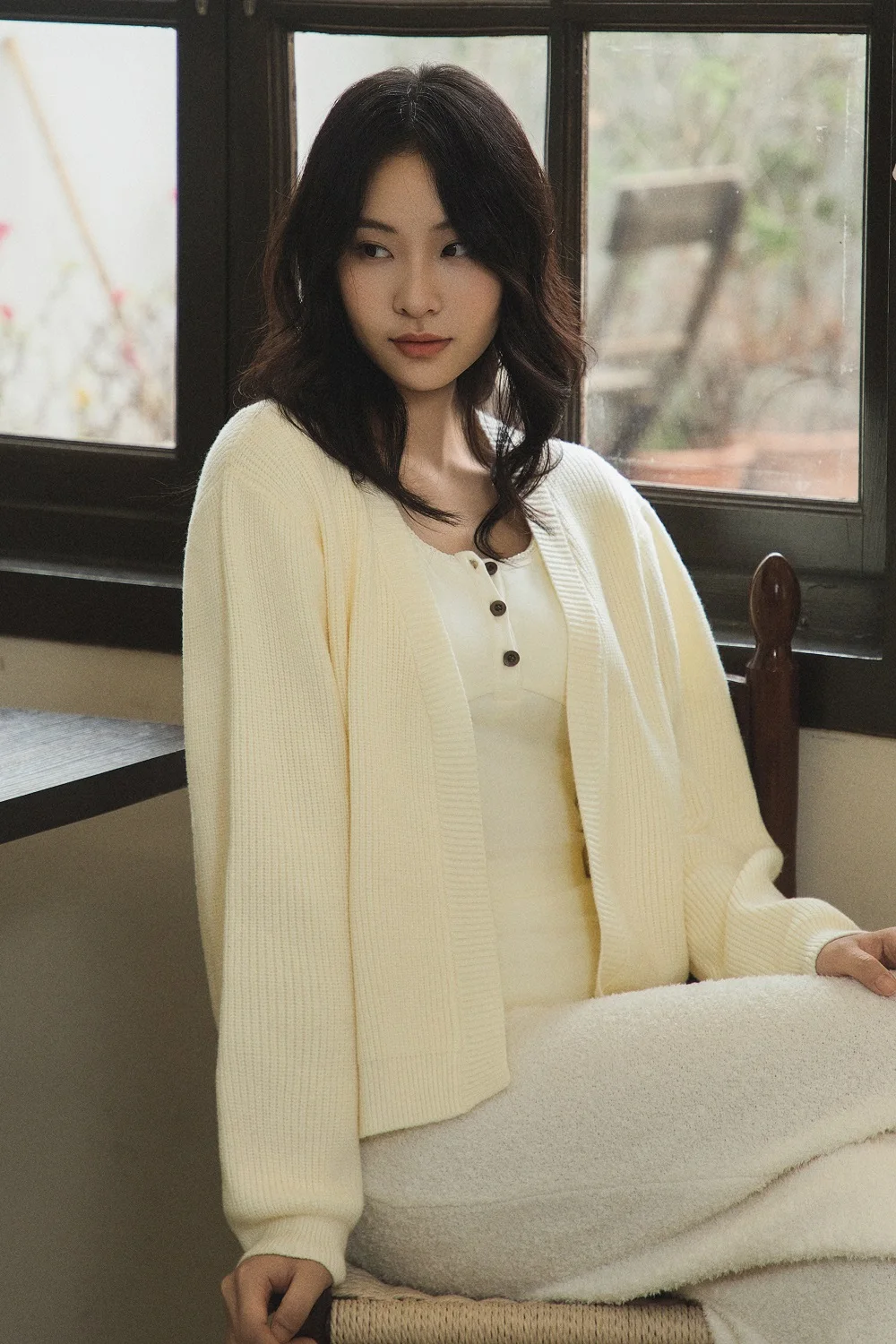 Musebree Oriental Elements Simple Premium Beige Knit Cardigan