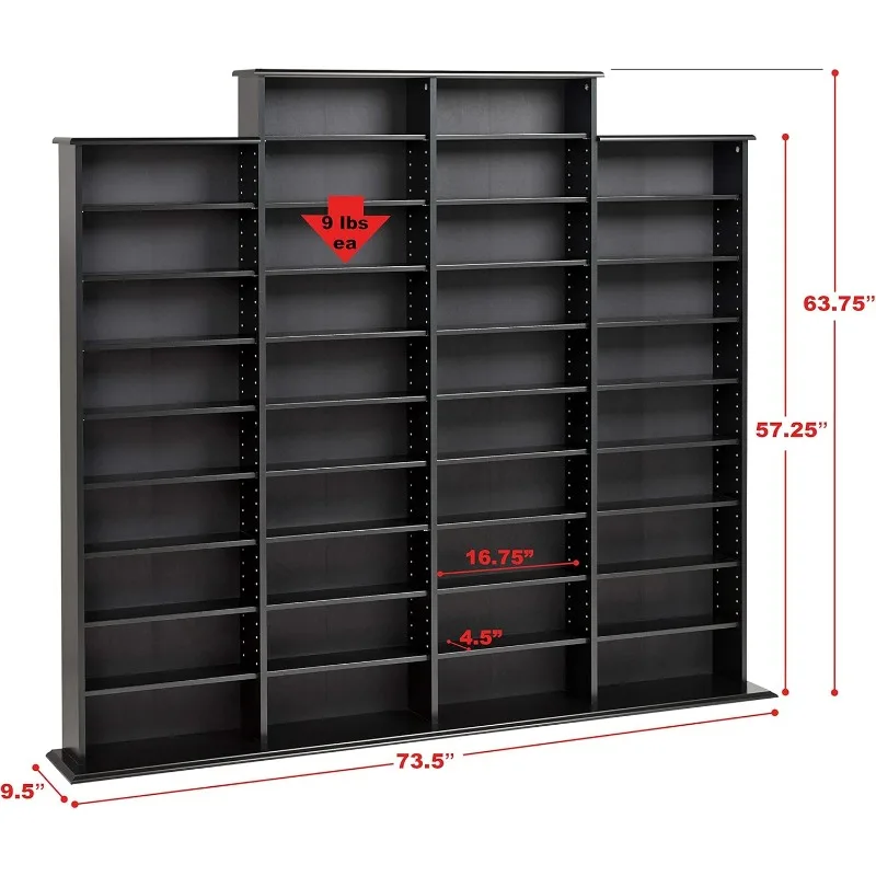 4 Column Tall Cabinet Media, Quad Width Wall Storage, Black