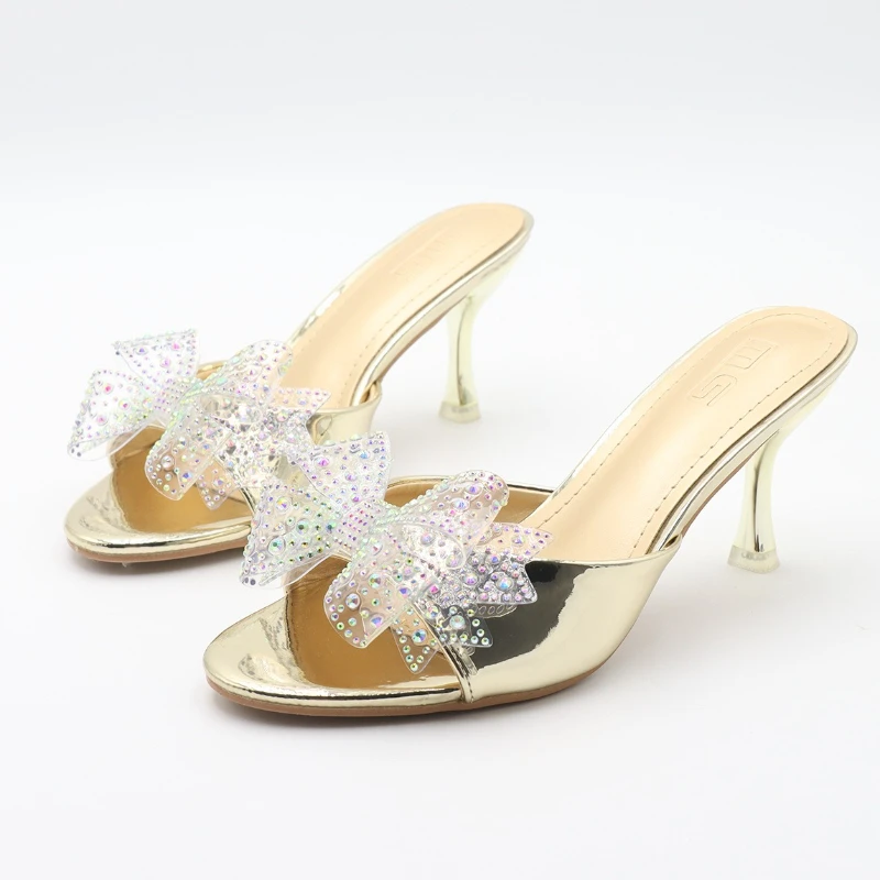 

Transparent PVC Rhinestone Bow High Heel Slippers Sandals Women Summer Sexy Open Toe Slide Dress Shoe Wedding Bridal High Heels