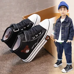 Children Canvas Shoes Boy Girl Casual Shoes Soft Bottom Bear Pattern High-top Casual Running Shoes Kids Breathable Flat Sneakers