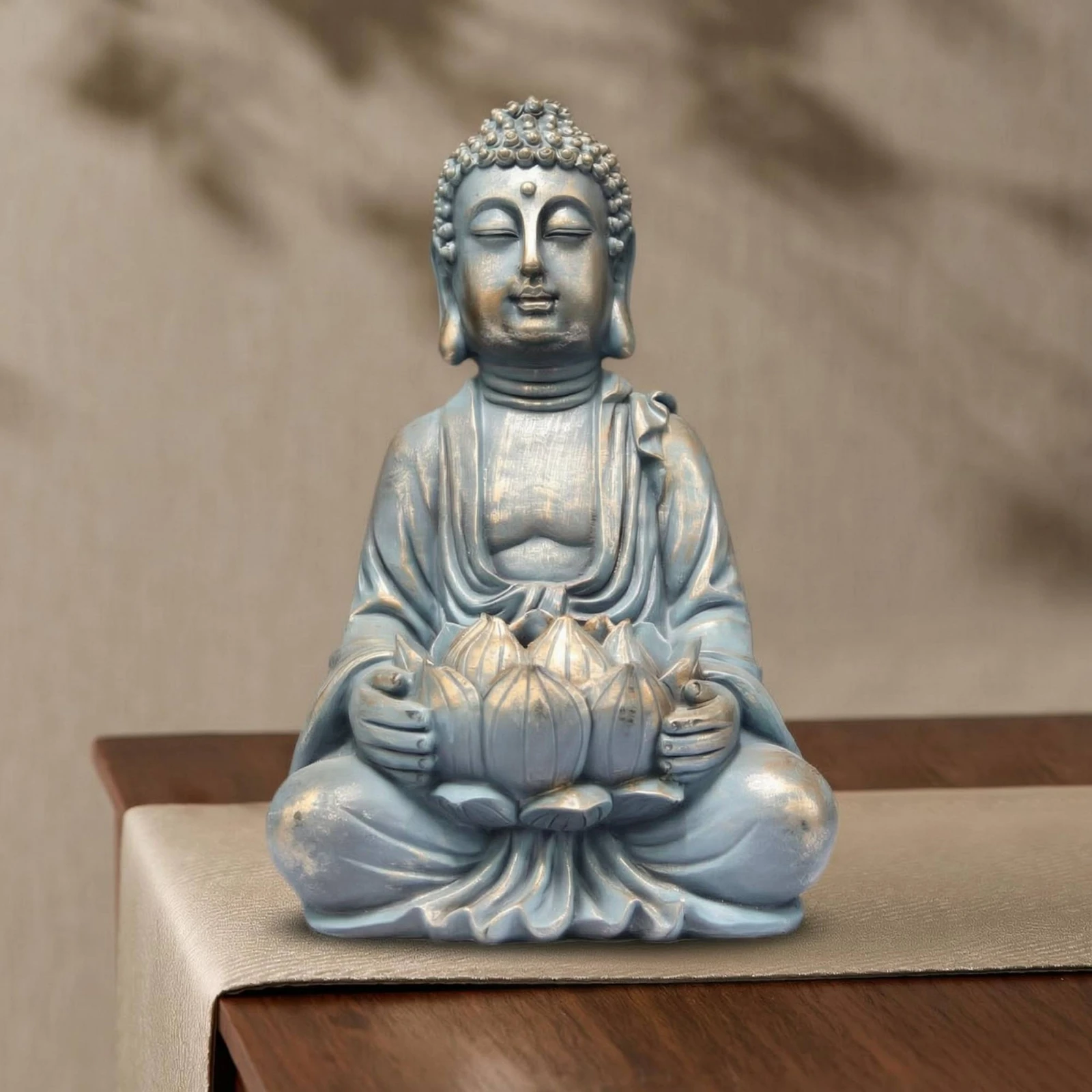 Buddha Lotus Statue Three-Dimensional Seated Buddha Statue Figurine Blue-Gray Home Decor Gold-Toned Highlights for Landscape