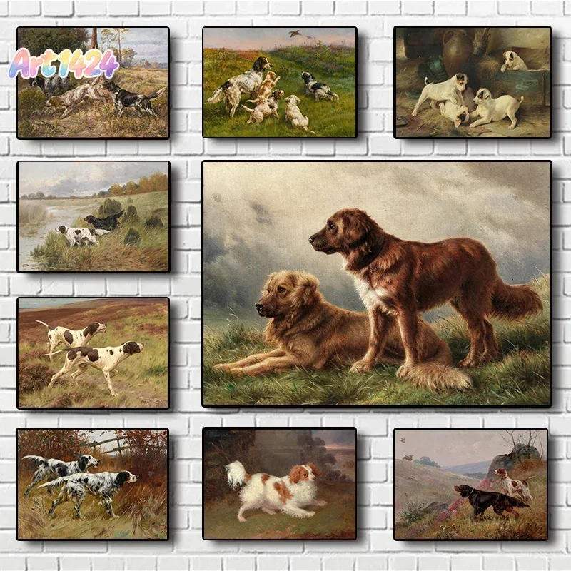 Vintage Dog Portrait Print Poster Setters Foxhound Spaniel Collie Canvas Painting Farmhouse Pet Wall Art Picture Home Decor
