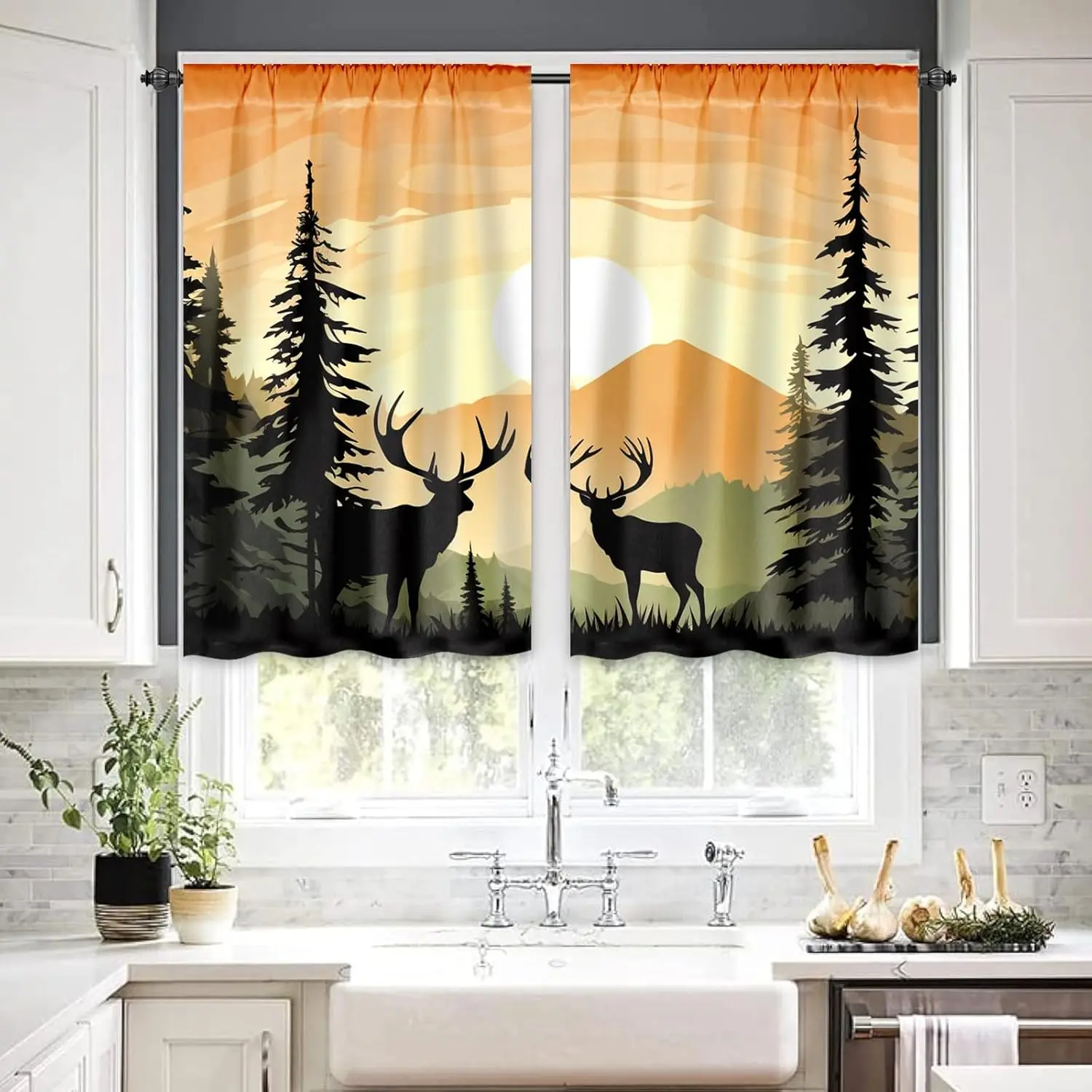 Kitchen Curtains Rustic Cabin Deer 28 x 36Inch Rod Pocket Small Curtains, Summer Farmhouse Elk Lodge Thermal Insulated Drapes