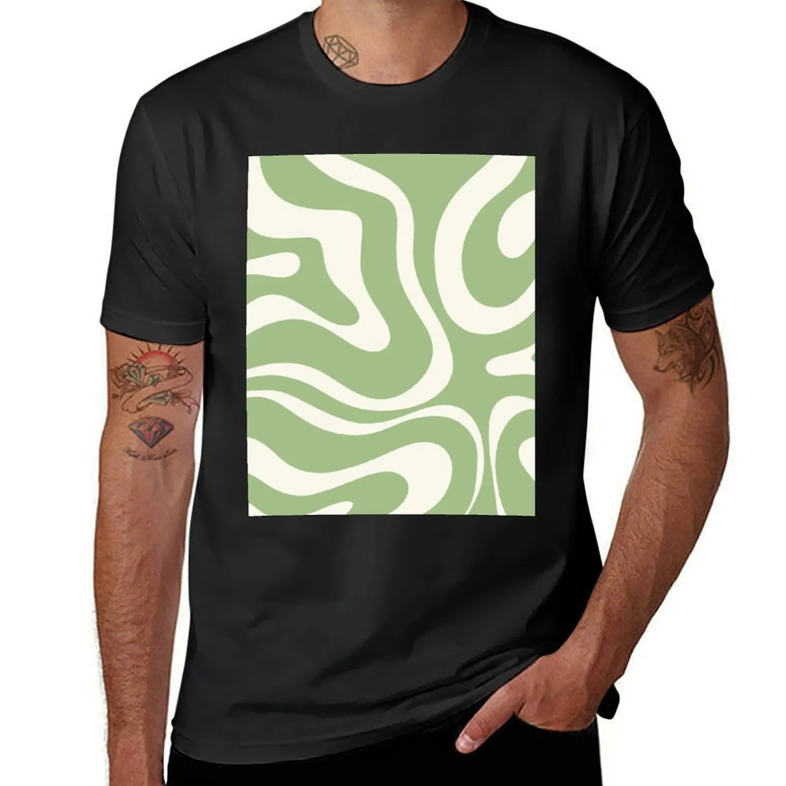 Camiseta moderna Retro con patrón abstracto de remolino líquido en verde salvia claro y crema, ropa kawaii de tallas grandes, camisetas altas para hombre