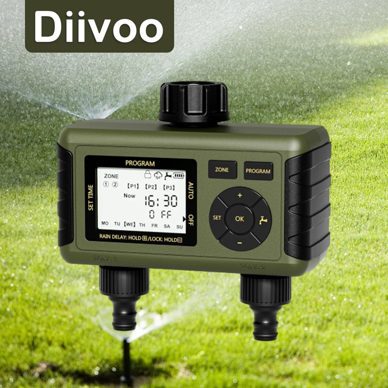 

Diivoo Water Timer 2 Outlet Sprinkler Timer with Manual Setting 6 Watering Programs Irrigation Timer and Rain Delay for Lawn