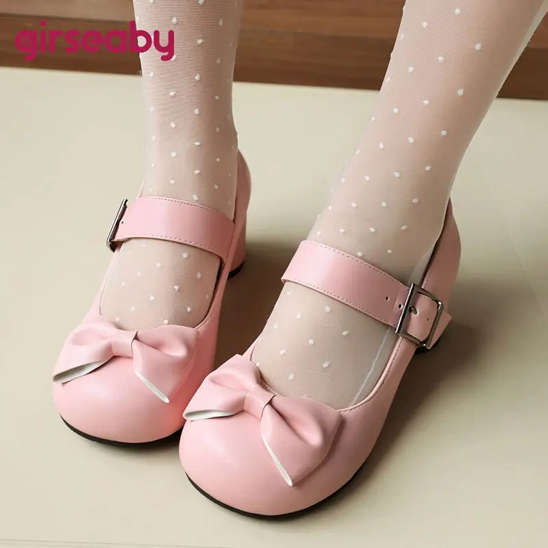 Girseaby Round Toe Buckle Strap Bow Decor Chunky Heeled Ladies Heeled Footwear 5.3cm Sweet Dating Extra Large Size 46 47 48