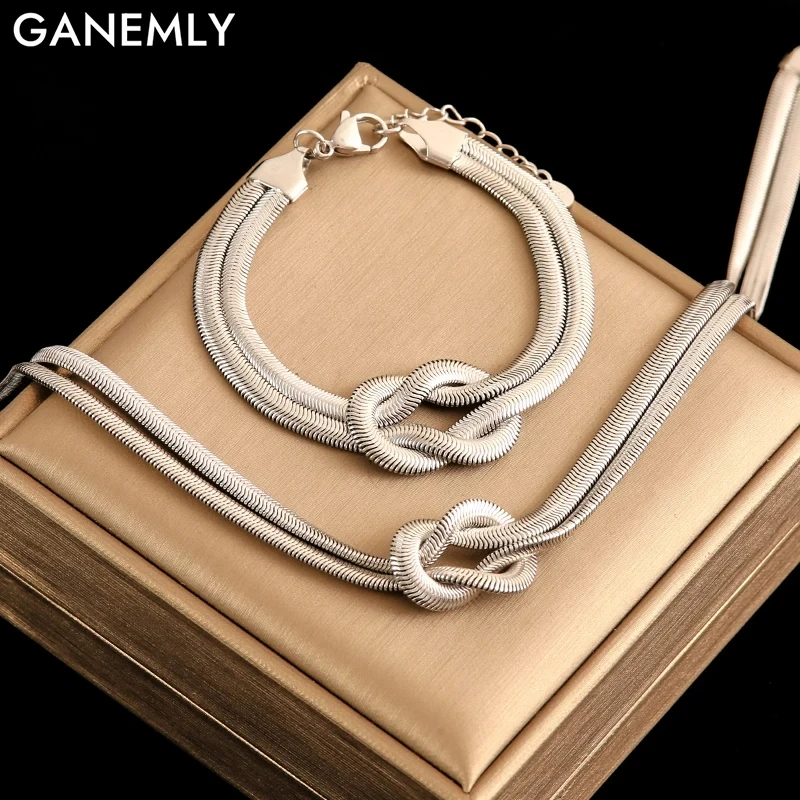 GANEMLY 316L Stainless Steel Creative Knotting Necklace Bracelet Set For Women Fashion Punk Double Layer Chain Jewelry Lady Gift